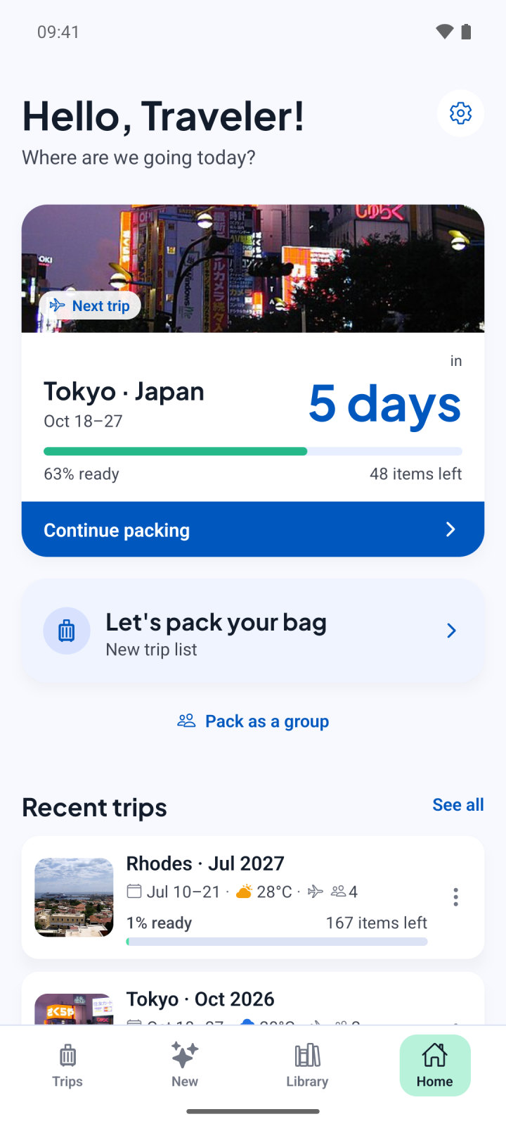 PackAssist home screen: next departure to Tokyo, with the countdown and packing progress